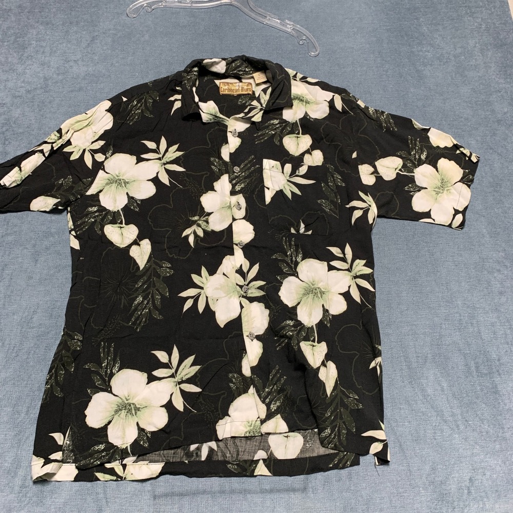 Caribbean Blues Hawaiian Shirt Men L Black Tropical Floral Aloha Summer Vacation